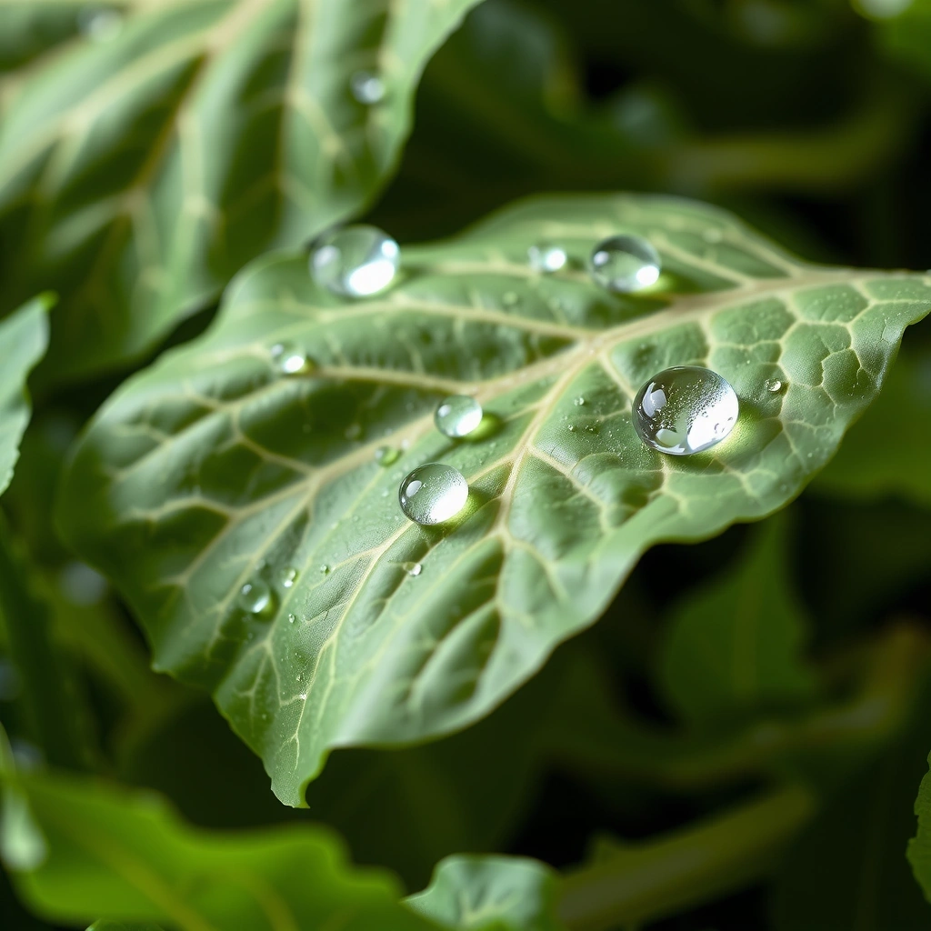 Hoja verde estilizada con gotas de rocío, simbolizando vitaminas y frescura.