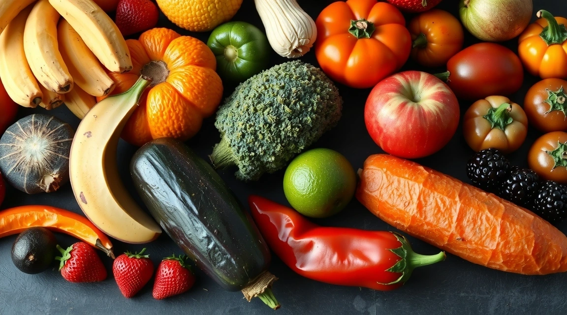 Variedad de frutas y verduras frescas y coloridas, ilustrando una dieta balanceada.