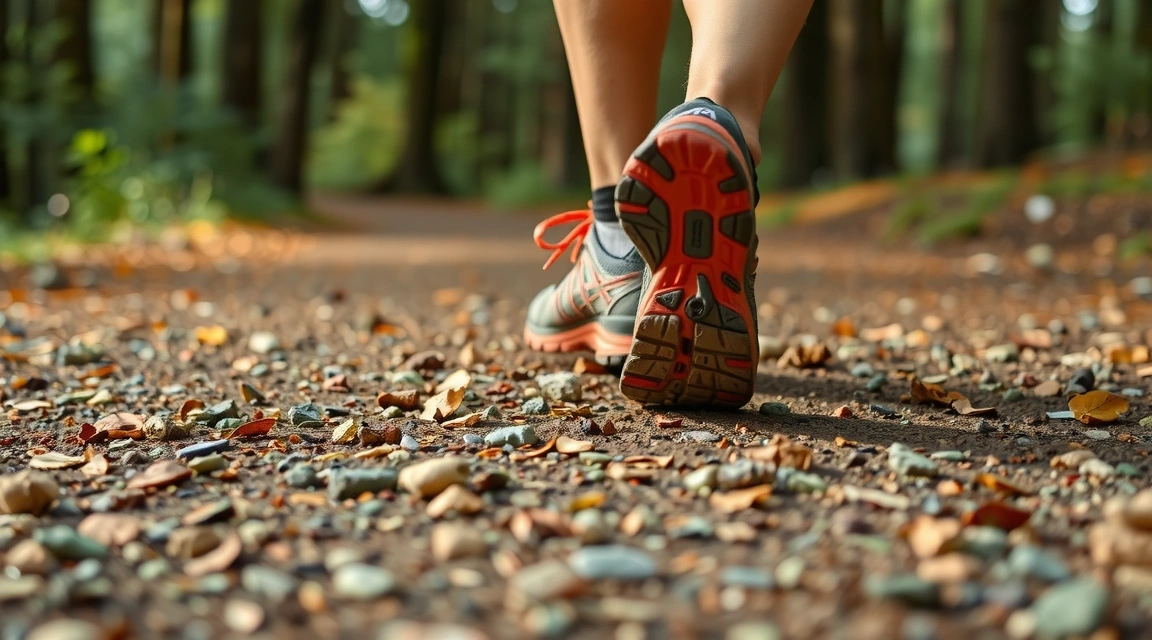 Zapatillas de correr en un camino de bosque, simbolizando la actividad física.