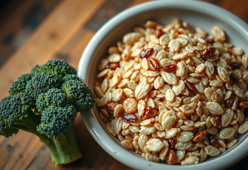Brócoli fresco y granos integrales como avena y quinoa, en tonos verdes y terrosos.