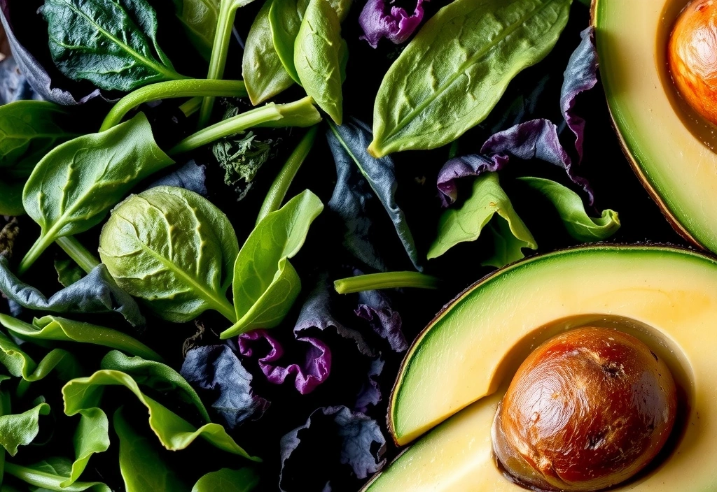 Verduras de hoja verde oscuro, como espinacas, y aguacates frescos, con una sensación de frescura y salud.