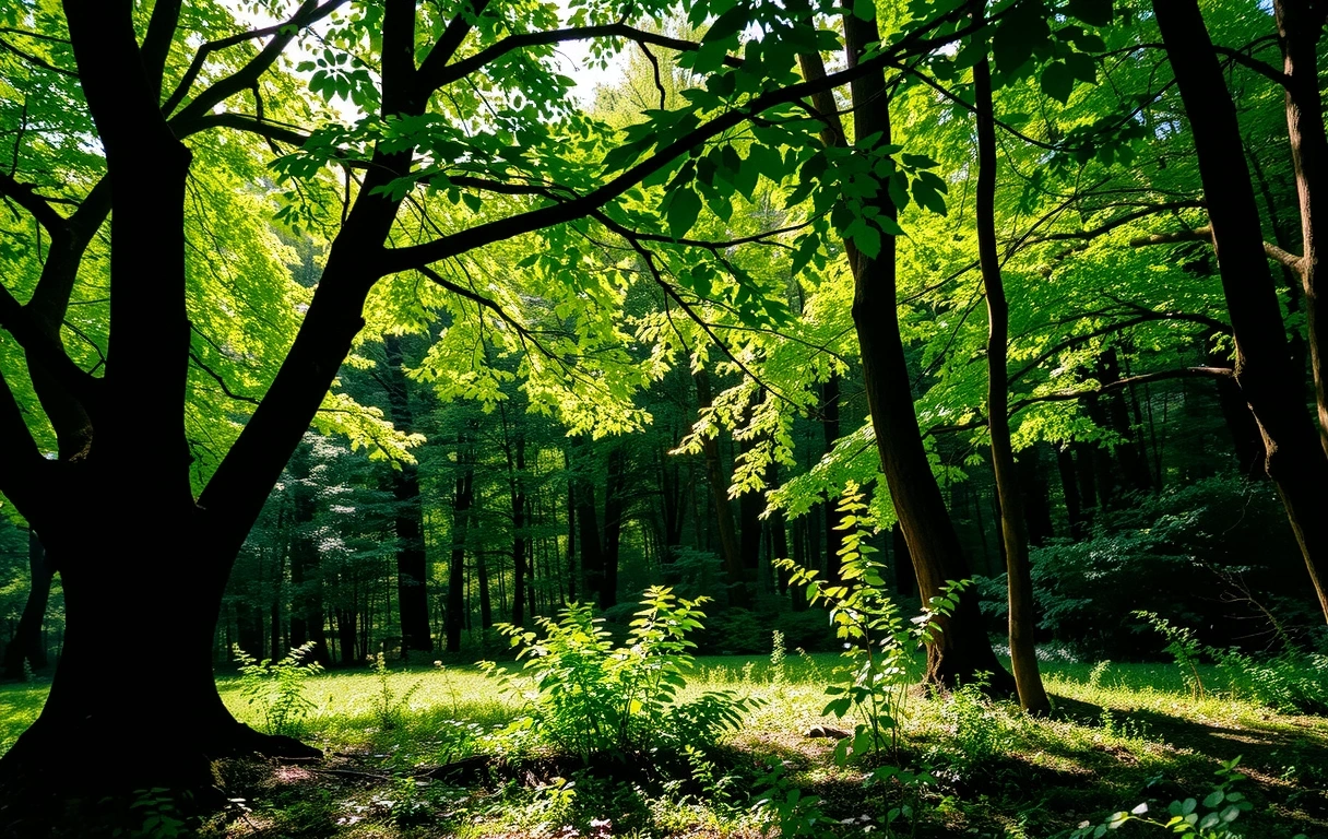 Bosque exuberante y tranquilo que simboliza el bienestar natural y la serenidad.