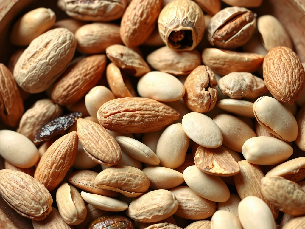 Una variedad de frutos secos y semillas, incluyendo almendras, nueces, avellanas y semillas de girasol, dispuestos en un cuenco de madera, destacando sus texturas y tonos naturales.