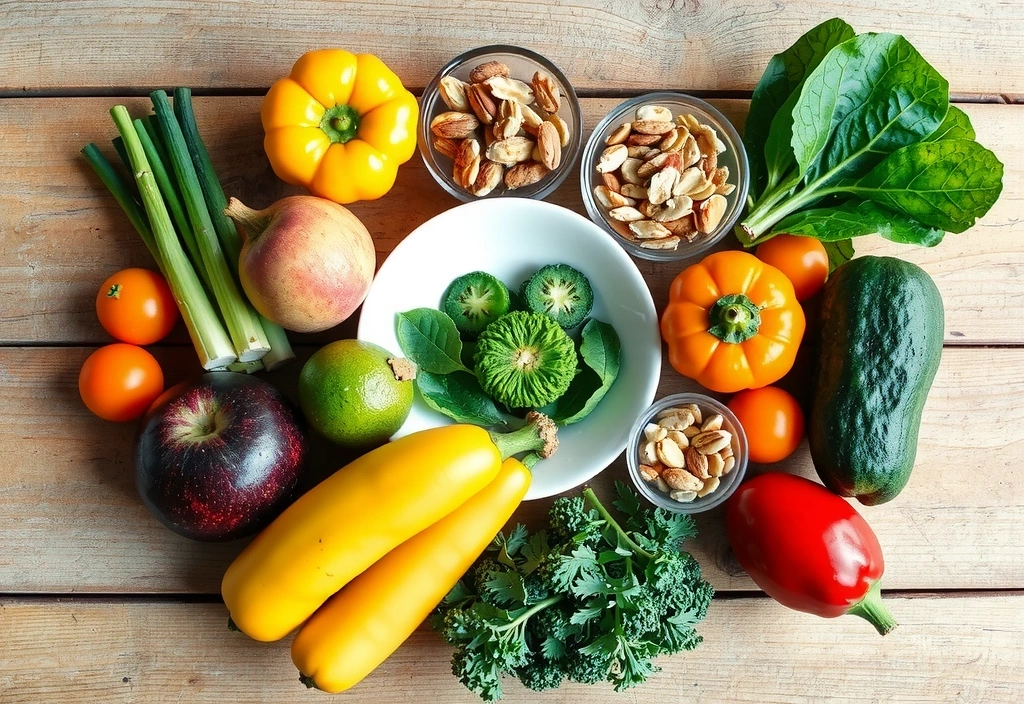 Variedad de alimentos saludables y vibrantes como frutas, verduras y frutos secos, dispuestos estéticamente en una mesa de madera rústica bajo una luz natural suave, simbolizando una dieta rica en vitaminas.